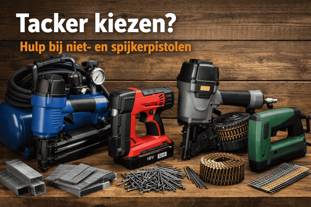  Tackers en spijkerpistolen met nieten en rolnagels op werkbank voor keuzehulp tacker kiezen.